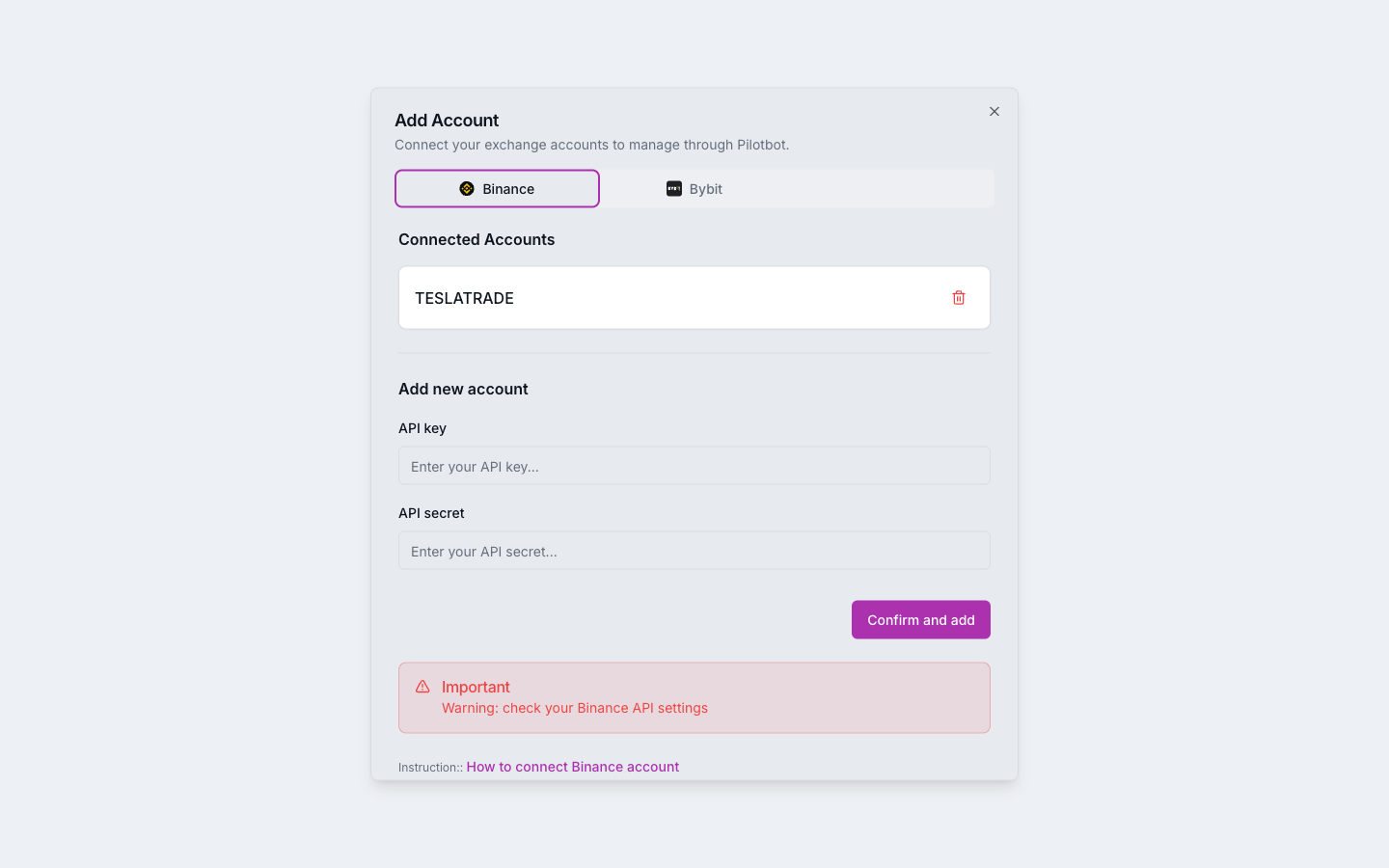 The "Add Account" window in Pilotbot