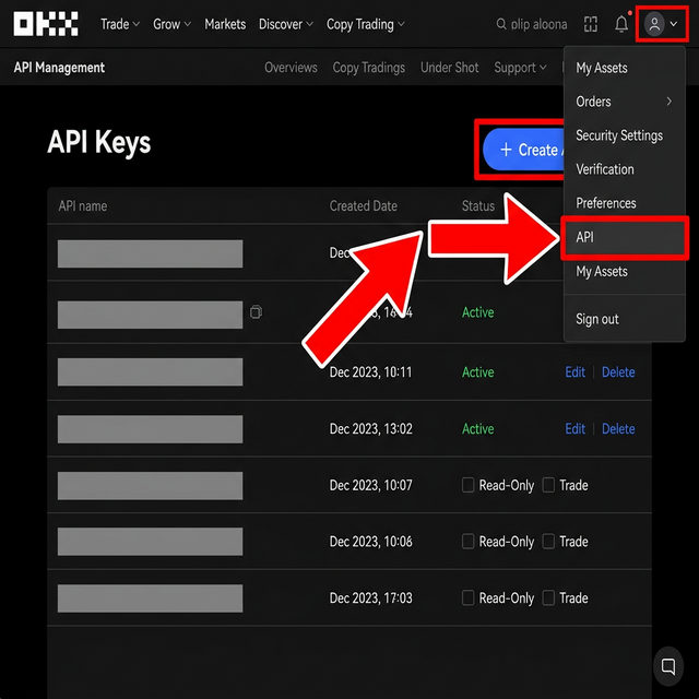 OKX API Management — navigating to the API section and the Create button