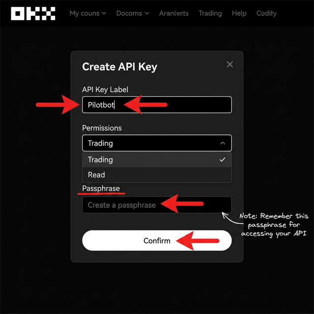 Creating an OKX API key — Label, Permissions, Passphrase