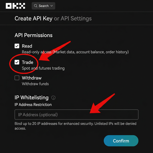 Setting OKX API permissions — Read, Trade, IP Whitelisting