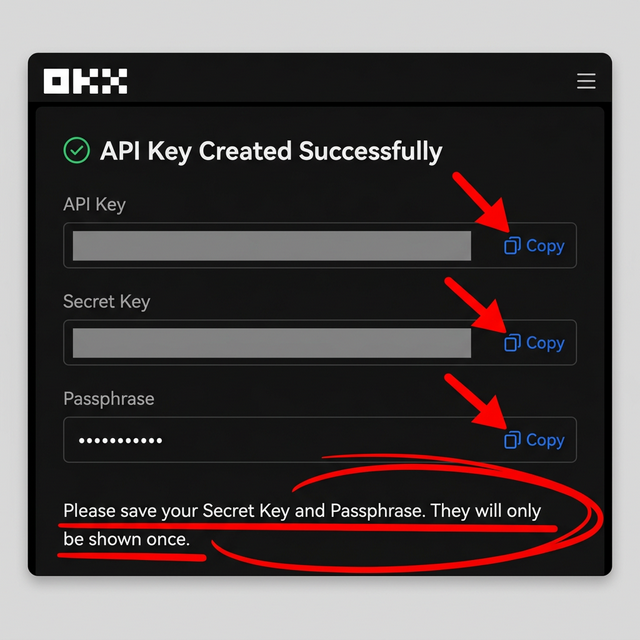 Copying the OKX API Key, Secret Key, and Passphrase