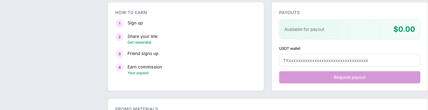 The payout block — enter your USDT wallet and request a payout